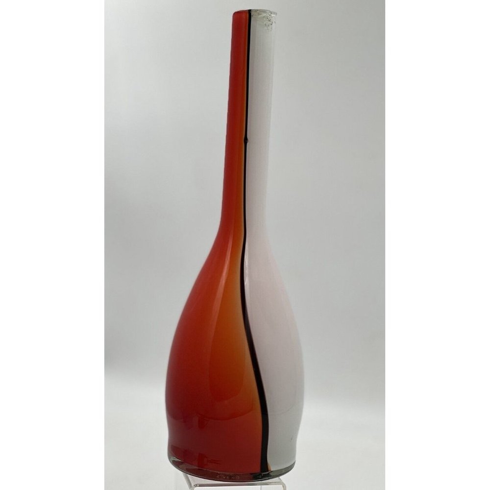 Vintage Orange, White, Black Art Glass Bottle Vase Home Décor Accent Statement